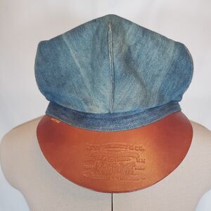 Vintage Levi Strauss Newsboy Cap Blue Denim Leather Brim Orange Tab 70s Hat